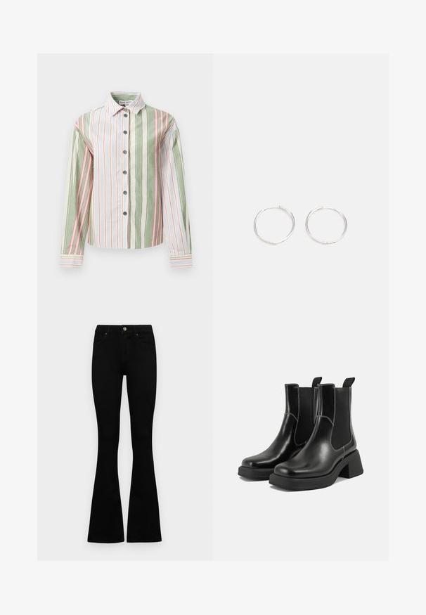 Camisa de botones a rayas en verde, blanco y rosa. Presenta un cuello, mangas largas y un dobladillo curvado con puños y botones en contraste.; Jeans negros de cintura alta con cierre de botón y cremallera, bolsillos frontales y piernas acampanadas, dispuestos sobre un fondo blanco.; Botas Chelsea de cuero negro con tacón grueso, paneles laterales elásticos y costuras en blanco que contrastan. Acabado texturizado.; Pendientes aros de plata con un diseño redondo y elegante, que presentan una superficie lisa y sin adornos visibles. Diámetro no especificado.