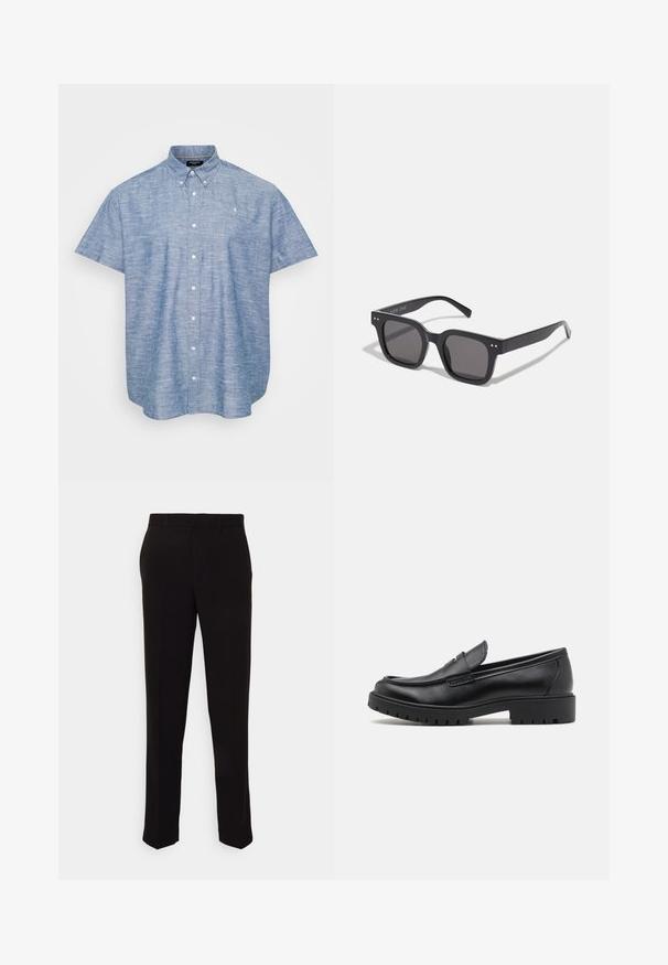Rövidujjú gombos ing világoskék chambray anyagból, strukturált gallérral, elülső gombokkal és egy kis emblémával a mellkasán.; Fekete nadrág egyenes szabással, sima textúrával és látható minták vagy fémalkatrészek nélkül. Klasszikus dizájn, letisztult sziluettel.; Fekete bőr loaferek lekerekített orral, slip-on kialakítással és vastag gumitalppal, amely texturált tapadást biztosít. Emelt sarkú és diszkrét varrási részletek.; Fekete téglalap alakú napszemüveg sötét lencsékkel, vastag kerettel, finom díszítésekkel az oldalán, és a márkanevet leszámítva látható logók nélkül.; Fém kvarcórával, fekete számlappal, fehér számokkal és dátumkijelzővel rendelkezik. Rozsdamentes acél szíjjal készült, és 100 m-es vízállósággal bír.