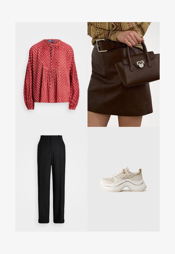 Polo Ralph Lauren COTTON GAUZE TIE NECK BLOUSE - Blouse - woodblock; Polo Ralph Lauren HIGH RISE RELAXED STRAIGHT TROUSER - Pantalon classique - black; Baskets compensées beige et dorées avec un motif "MK", à lacets à l'avant, un charm doré et une semelle épaisse et ondulée sur fond uni.; Sac en cuir marron avec une finition texturée et des accessoires en argent, tenu à la main à côté d'une jupe en cuir marron et d'un pull à motifs.