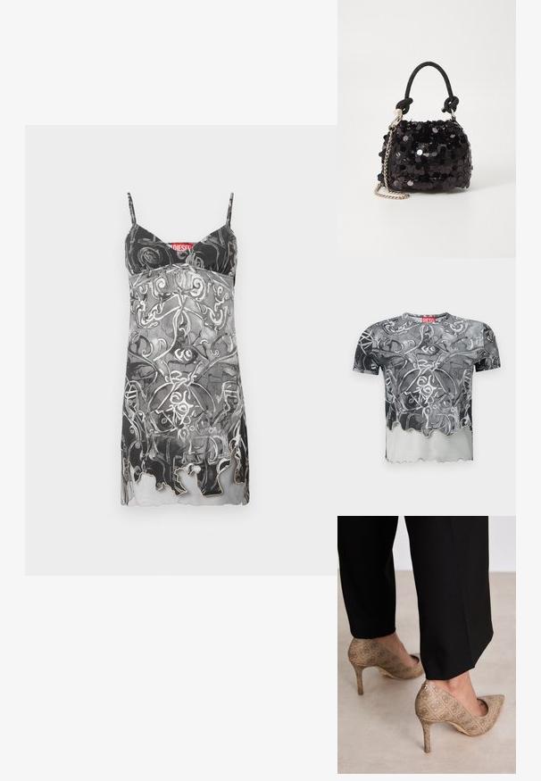 Koszulka z krótkim rękawem w kolorze czarnym i szarym z abstrakcyjnym wzorem spiralnym, z falbaniastym dołem i czerwoną metką na dekolcie.; Sukienka bez rękawów w czerni i szarości z abstrakcyjnym, spiraling wzorem. Posiada cienkie ramiączka i subtelny, falbaniasty dół. Widoczna metka marki.; Beżowe szpilki z teksturowanej tkaniny z powtarzającym się wzorem. Spiczasty krój z tylnym akcentem i złotym detalem na obcasie.; Czarna mini torebka z cekinami, z węzłowym, teksturowanym paskiem i srebrnym łańcuchem. O zaokrąglonym kształcie z marszczoną górą i refleksyjnymi detalami.