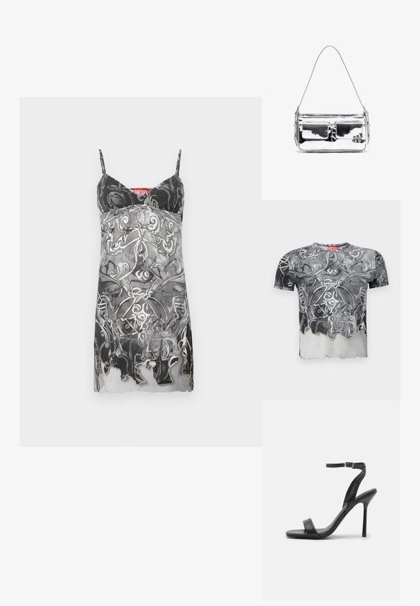 Kortermet T-skjorte i svart og grått med et abstrakt svulmønster, med en bølget kant og en rød etikett på halslinjen.; Ermeløs kjole i svart og grå med et abstrakt, virvlende mønster. Har tynne stropper og en subtil bølgekant. Merket er synlig.; Svarte høyhælte sandaler med en slank ankelrem og to fremre bånd. Laget av glatt lær med en glatt, spiss tå og stiletthæl.; Sølvfarget metallisk skulderveske med to fremre lommer, glatt tekstur, sømdetaljer og en enkelt avtagbar stropp. Kompakt rektangulær form.