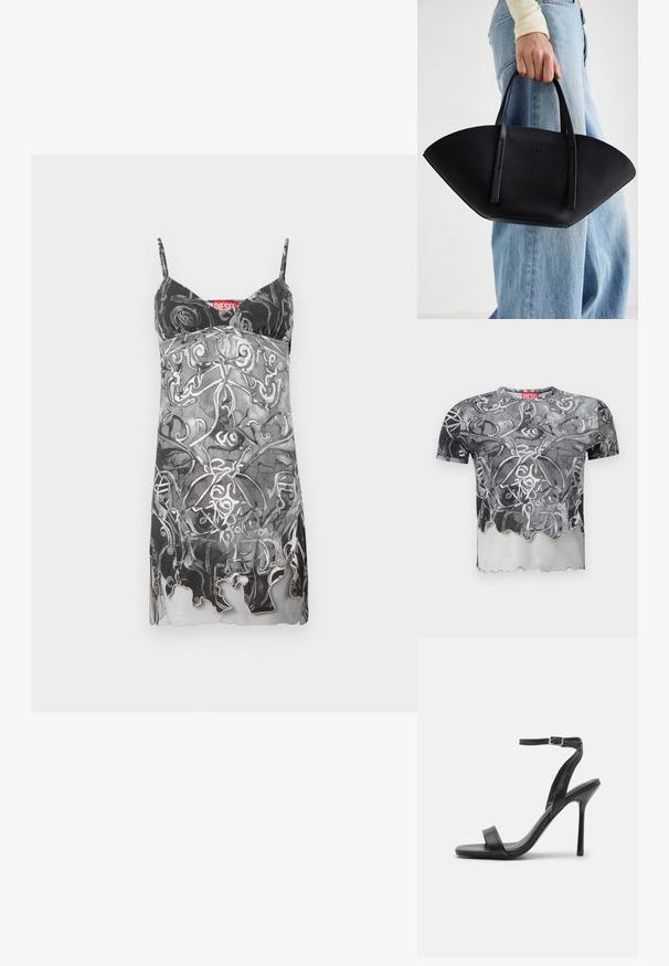 Korte mouwen T-shirt in zwart en grijs met een abstract draaipatron, voorzien van een gegolfde zoom en een rood label op de halslijn.; Mouwloze jurk in zwart en grijs met een abstract spiraalpatroon. Heeft dunne bandjes en een subtiele geschulpte zoom. Merkenlabel zichtbaar.; Zwarte hoge hakken sandaal met een slanke enkelband en twee voorste banden. Gemaakt van soepel leer met een slanke puntneus en een stiletteloze hak.; Zwarte leren handtas met een unieke waaier vorm, voorzien van platte handvatten. Het oppervlak heeft een gewelfde textuur en een minimalistisch ontwerp.