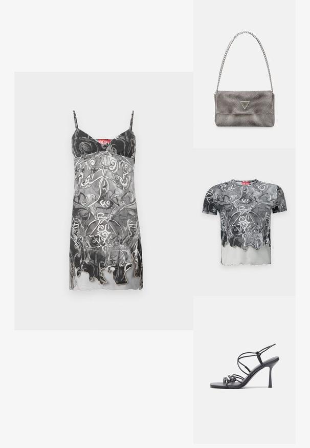 Krátky rukáv tričko v čiernej a šedej farbe s abstraktným vírivým vzorom, s vlnkovaným lemom a červenou etiketu na výstrihu.; Bezrukávové šaty v čiernej a šedej farbe s abstraktným vírivým vzorom. Majú tenké ramienka a jemný vykrojený lem. Viditeľná značka značky.; Čierne sandále na vysokom podpätku majú tenké remienky s uzlovým dizajnom, hladký štvorcový špičku a elegantný stiletto podpätok.; Svetlošedá metalická kabelka s reťazovým popruhom, ozdobená malými kruhovými kovovými štítkami a trojuholníkovým logom značky.