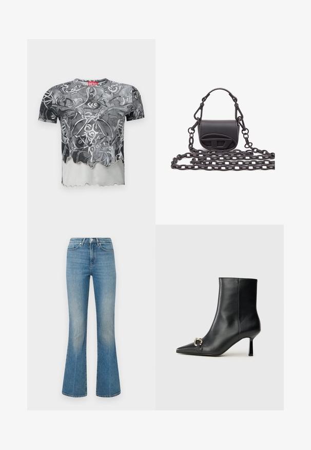 Lühikese varrukaga T-särk musta ja halli värviga, millel on abstraktne keerlev muster, lõdva lõikega serv ja punane silt kaeluses.; Heledad sinised laiad teksad denimist. Omavad vöökohta nupuga ja pleekinud pesu, kitsenevad pahkluude juures laiaks ääreks.; Must mustanvärvi nahast pahklinetopp, millel on terav nina, peen keskmise kõrgusega konts ja hõbedane keha detail külgedel, taustal lihtne taust.; Väike must käekott, mis on valmistatud siledast nahast, ümar kuju, esipaneelil logo aktsent ja tekstureeritud kett.