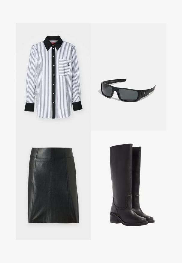 Biała koszula z guzikiem, z cienkimi niebieskimi pionowymi paskami, czarnym kołnierzykiem i listwą guzikową, pojedynczą kieszenią na piersi oraz metalowymi guzikami.; Czarna skórzana spódnica o dopasowanym kroju. Gładka tekstura, szwy podkreślające kształt i prosty dół. Minimalistyczny i elegancki wygląd.; Czarne skórzane kozaki do kolan o gładkiej fakturze, zaokrąglonym nosku i masywnym obcasie. Posiadają subtelne przeszycia i elegancki kształt.; Czarne okulary przeciwsłoneczne o prostokątnym kształcie, ciemnoszare soczewki i gładkie plastikowe wykończenie. Zauważalny akcent z logo po stronie.
