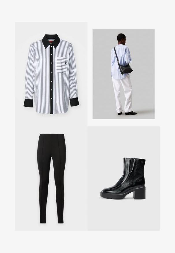 Hvid skjorte med knaplukning og tynde marineblå lodrette striber, sort krave og knapliste, enkelt brystlomme og metalliske knapper.; Sorte leggings lavet af strækbart stof, med en glat tekstur, høj talje og vertikal sømdetaljering langs benene.; Sorte patenterede læderankelstøvler med en buet tå, elastiske sidepaneler og en kraftig blokhæl. Har et præget logo på bagsiden.; Sort læder skuldertaske med en blød tekstur, trekantet form og justerbar strop, kombineret med en lyseblå stribet skjorte og hvide bukser.