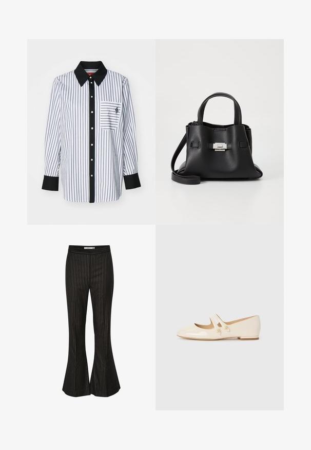 Valge nööpidega särk, millel on peened meresinised vertikaalsed triibud, must krae ja nööpide rida, üks rinnatasku ning metallnööpidega.; Mustad flare-püksid valgete vertikaalsete triipudega, sujuva tekstuuriga ja vormitud taljega, loodud jaotatud istuvuseks.; Ebenvalge patendiga baleriinad, millel on kaks dekoratiivset rihma ja kuldseid nuppe, ümmarguse toe ja madala plokkninaga.; Mustmust kott, millel on tekstuuriga viimistlus, sisaldab kahte ülemist kättehaaret, eemaldatavat õlarihma ja hõbedast luku detaili.