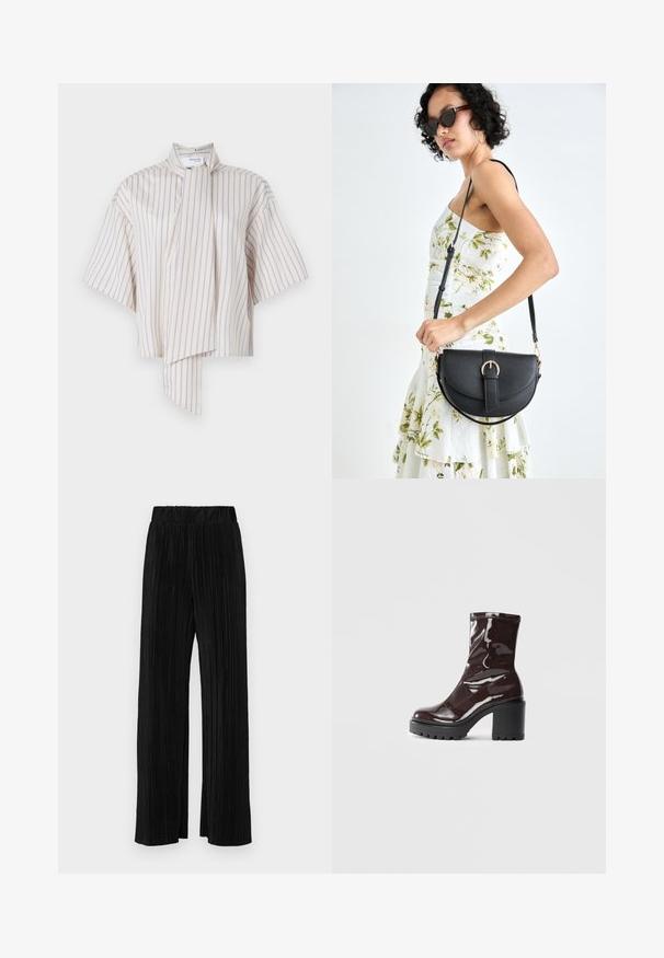 Kreminė trumpų rankovių bliuska su vertikaliomis levandų juostelėmis. Su mandarinų apykakle ir užrišimu prie iškirptės. Lygus audinio paviršius.; Juodi plisuoti kelnės su elastine juosta. Turėkite plačias kojas ir glotnų, tekstūrinį audinį su vertikaliais dryžiais.; Blizgus burgundių spalvos kulknapis su tankiu juodu kulnu, pasižymintis lygiu paviršiumi ir paprastu dizainu. Nėra matomų užsegimų ar raštų.; Juodas odinis krepšys su išlenkta forma, nuimamu dirželiu ir auksiniais detalėmis. Krepšys turi kilpą su sagtimi.