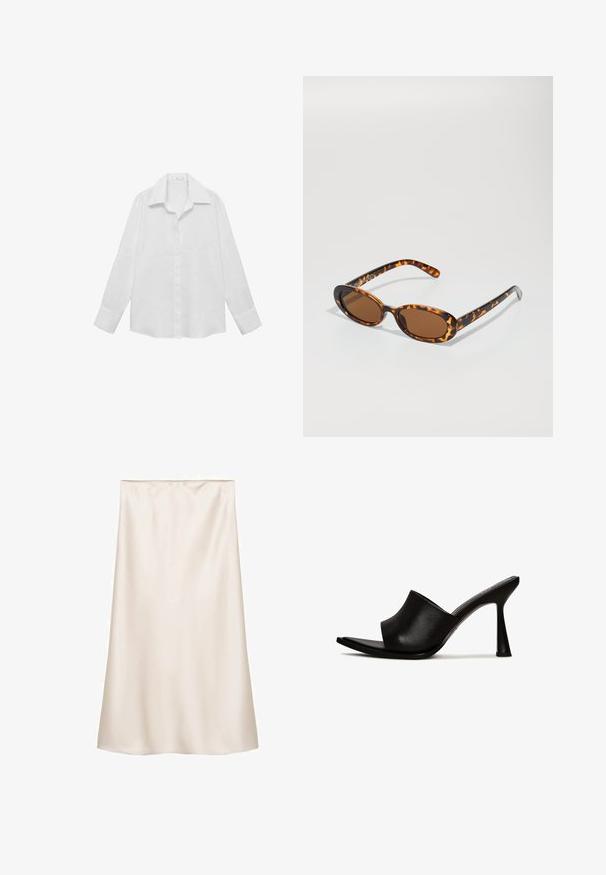 Camicia bianca a maniche lunghe realizzata in un tessuto morbido. Presenta un colletto classico, una chiusura con bottoni e polsini con bottone, con una vestibilità comoda.; Gonna midi in satin bianco sporco, taglio dritto con vita elastica, texture liscia e senza motivi o dettagli visibili.; Mule nere con tacco alto, dotate di una superficie in pelle liscia, punta aperta e design curvo. Presentano un elegante tacco a stiletto e uno stile minimalista.; Occhiali da sole tartaruga con montatura ovale, lenti marroni e astine nere sottili con accenti di pattern discreti.; Borsa a mano bianca strutturata con manici corti e tracolla, dotata di dettagli in metallo dorato e materiale testurizzato, esposta su uno sfondo grigio.; Bracciale in tonalità oro con un esterno liscio e un interno texturizzato. Presenta un design ampio e arrotondato con un'apertura su un lato.