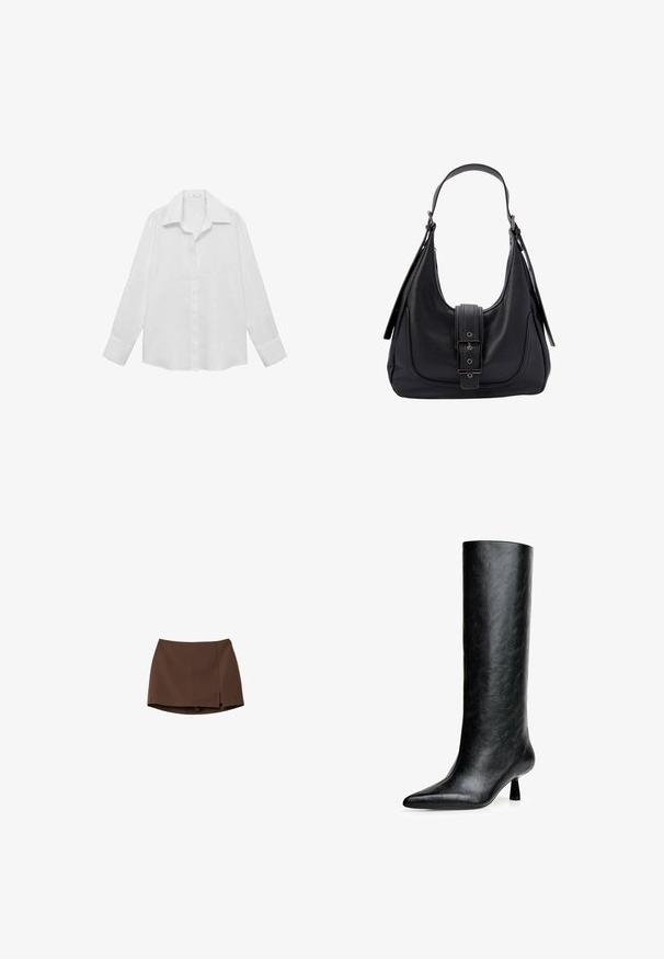 Hvid langærmet skjorte lavet af et glat stof. Har en klassisk krave, knaplukning og knapmanchetter med en afslappet pasform.; Brun nederdel lavet af glat stof, med en lige skæring og en sidelæg. Enkelt design uden mønstre eller hardware detaljer.; Sort knæhøje støvler lavet af struktureret læder. Har en spids tå og en lille, udvidet hæl. Slankt, glat design med minimale accenter.; Sorte læder skuldertaske med en struktureret finish, en bred rem og en klaplukning med en rektangulær spænde og metaldetaljer.