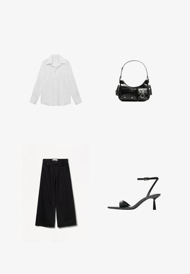 White long-sleeve shirt made from a smooth fabric. Features a classic collar, button placket, and buttoned cuffs with a relaxed fit.; Bershka WIDE-LEG - Wide Leg - black; Bershka High heeled sandals - black; Black patent leather handbag with a curved shape, one shoulder strap, front pockets, and silver-tone hardware accents.
