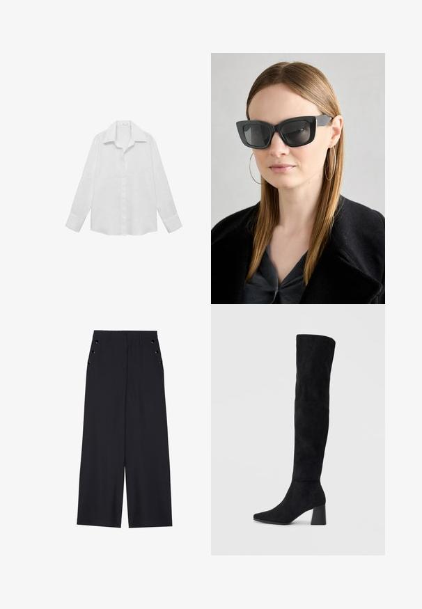 Bijela košulja dugih rukava izrađena od glatkog materijala. Ima klasičan ovratnik, dugmiće po sredini i dugmiće na manžetama s opuštenim krojem.; Hlače širokih nogavica od tamnoplave tkanine, s glatkom teksturom, prednjim ispupčenjima i dekorativnim zlatnim okovama na bočnim džepovima.; Crne antilop čizme do koljena s blok potpeticom, šiljastim prstom i glatkim, bešavnim dizajnom na običnoj svijetloj pozadini.; Crne mačje naočale s tamnim staklima, debelim okvirima i suptilnim detaljima. Nosit će se s crnim kaputom i sivoj majici, s dugom ravnom kosom.