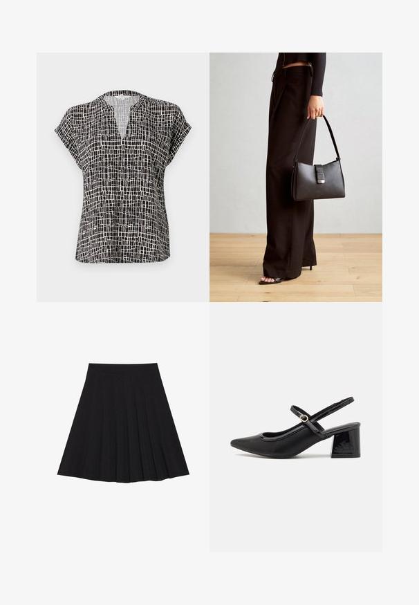 Juodos spalvos trumpųjų rankovių bluzonė su tinklelio raštu. Turi V formos iškirpimą ir laisvą kirpimą. Pagaminta iš lengvos medžiagos su lygia tekstūra.; Juoda plisėta sijonas, pagamintas iš tekstūruotos medžiagos su prigludusia juosmens juosta. Siekia kelių ilgį, turi sklandžią, švarią siluetą.; Juodi patentinio odos slingback aukštakulniai su smailiu pirštu, apvaliu išpjovimu ir blokiniu kulnu. Papuošti auksiniu juostos akcentu.; Juodas rankinė struktūrizuota forma, lygi tekstūra ir metalinis užsegimas. Suporuota su plačiomis juodomis kelnėmis ir atvirais bateliais ant medinių grindų.