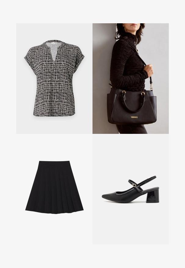 Schwarze Bluse mit kurzärmligem Schnitt und Gittermuster. Verfügt über einen V-Ausschnitt und eine lockere Passform. Hergestellt aus leichtem Stoff mit glatter Textur.; Schwarzer, plissierter Rock aus strukturiertem Stoff mit einem taillierten Bund. Fällt knielang und hat eine glatte, klare Silhouette.; Schwarze Lackleder-Slingback-Absätze mit spitzer Zehenform, einem runden Ausschnitt-Design und einem Blockabsatz. Mit einem goldfarbenen Schnallenakzent.; Schwarze Handtasche mit strukturierten Oberflächen, doppelten Obergriffen und verstellbarem Schultergurt. Mit goldfarbener Hardware und Seitentaschen.