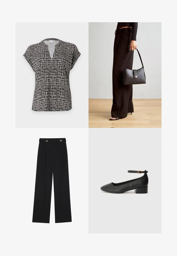 Kratka bluza s kratkimi rokavi v črni barvi s število vzorcem. Ima V-izrez in sproščen kroj. Narejena je iz lahkotnega materiala z gladko teksturo.; Črne široke hlače s visokim pasom, gumbnimi detajli na pasu in sprednjimi gubami.; Črne usnjene pumpice z nazobčanimi prsti in nizko blokasto peto. Imajo trak okoli gležnja z zaponko v zlatem tonu. Gladka tekstura.; Črna torbica z strukturirano obliko, gladko teksturo in kovinskim zaponko. Ujemajo se z širokimi črnimi hlačami in odprtimi sandali na lesenem tleh.