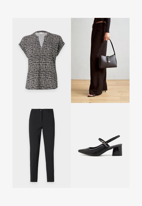 Kortærmet bluse i sort med et rutemønster. Har V-udskæring og en afslappet pasform. Lavet af letvægtsstof med en glat tekstur.; Sorte figursyede bukser i glat stof med en klassisk talje, lynlås i fronten og sidelommer samt et elegant, skræddersyet design.; Sorte patentlæder slingback hæle med spids tå, rund udskæring og blokhæl. Har en guldtonet spændeaccents.; Sort håndtaske med struktureret form, glat overflade og metalspænde. Sammen med brede sorte bukser og sandaler med åben tå på trægulv.