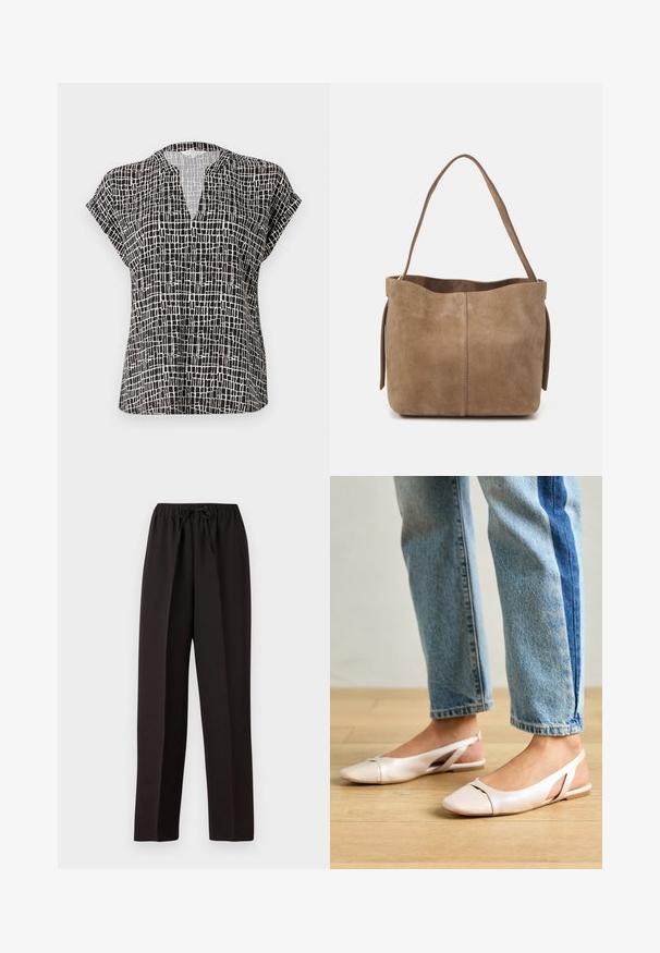 Blusa de manga curta preta com um padrão de grelha. Apresenta um decote em V e um corte solto. Feita de um tecido leve com uma textura suave.; Calças largas e pretas, com um cós elástico e cordão ajustável. Feitas de um tecido liso e leve, sem padrões visíveis.; Sapatilhas slingback de cor rosa pálido com bico fino, feitas de um material semelhante a couro liso. Apresentam detalhes recortados nas laterais e um salto plano.; Bolsa tote em camurça castanha com uma textura suave, abertura em cima e uma alça única para o ombro. Apresenta um acabamento liso e detalhes mínimos.