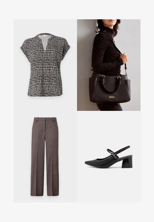 Schwarze Bluse mit kurzärmligem Schnitt und Gittermuster. Verfügt über einen V-Ausschnitt und eine lockere Passform. Hergestellt aus leichtem Stoff mit glatter Textur.; Braune weite Hosen aus strukturiertem Stoff. Verfügt über zwei Vordertaschen und eine taillierte Passform mit zwei Knöpfen am Bund.; Schwarze Lackleder-Slingback-Absätze mit spitzer Zehenform, einem runden Ausschnitt-Design und einem Blockabsatz. Mit einem goldfarbenen Schnallenakzent.; Schwarze Handtasche mit strukturierten Oberflächen, doppelten Obergriffen und verstellbarem Schultergurt. Mit goldfarbener Hardware und Seitentaschen.