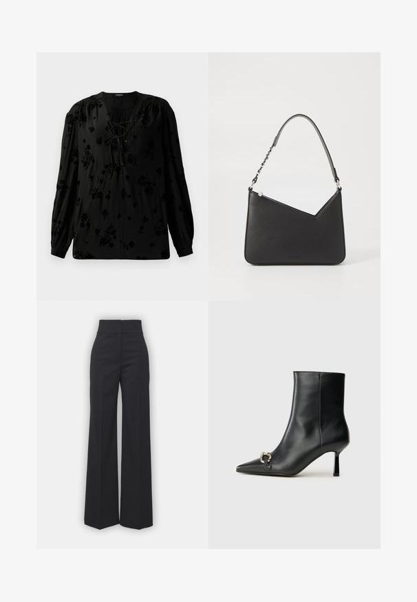 Juoda bluzonė, pagaminta iš minkštos medžiagos, su nėriniais išpjaustytu dekoru ir gėlių raštu. Ilgos, pūstos rankovės ir laisvas modelis užbaigia dizainą.; Juodos plačios kojinės kelnės su aukštu juosmeniu, turinčios švarų apdailą ir lygų paviršių. Matomi jokių metalinių detalių ar raštų.; Juodas odinis apavas iki kulkšnies su smailiu nosiu, plonu vidutinio aukščio kulnu ir sidabriniu sagties akcentu šone, prieš paprastą foną.; Juodos odos rankinė trikampio formos, su siauru dirželiu ir sidabriniais aksesuarais. Yra užtrauktuko uždarymas ir iškilmingas logotipas priekyje.