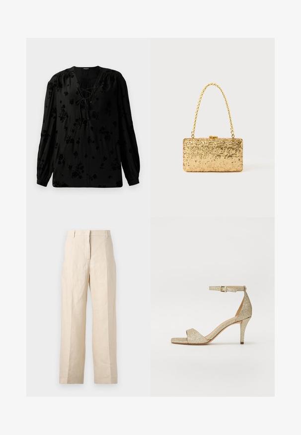 Svart blus i mjukt tyg, med snörning vid halsen och blommönster. Långa, puffiga ärmar och en avslappnad passform fulländar designen.; Beige linnebyxor med lös passform, veckad front och raka ben. Har ett midjeband med bältesöglor och inga synliga fickor.; Guldglittrande högklackad sandal med ankelrem, öppen tå och fyrkantig front. Har en smal, avsmalnande klack för höjd.; Guldpaljetterad kuvertväska med rektangulär form, utrustad med ett vridet kedjehandtag och ett metallspänne, som reflekterar ljus med en strukturerad yta.