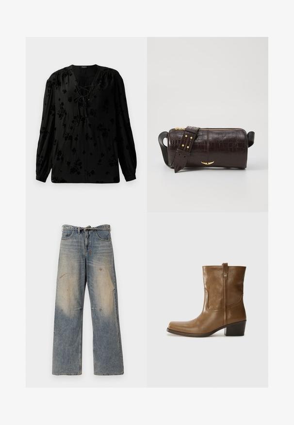 Čierna blúzka z jemnej tkaniny, so šnurovacím výstrihom a kvetinovým vzorom. Dlhé, pufované rukávy a voľný strih dotvárajú celkový dizajn.; Svetlo modré džínsy s voľným strihom a rovnými nohavicami. Obsahujú efekt opotrebovania, vyblednutie a poškodené detaily pri kolenách. Klasický strih s piatimi vreckami.; Hnedé kožené členkové topánky so štvorcovou špičkou, textúrovaným povrchom a nízkym vrstveným podpätkom. Obsahujú zadný úchyt a diskrétne prešívanie.; Hnedá taška z kože s embosovaným vzorom krokodíla, cylindrického tvaru, so zlatými hardvérovými doplnkami a odnímateľným popruhom so štítkami.