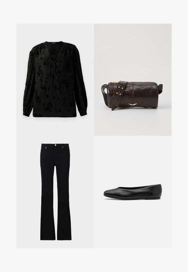 Mustapaita, joka on valmistettu pehmeästä kankaasta, ja siinä on nauhakuja ja kukkakuosi. Pitkät, puffi hihat ja rento leikkaus täydentävät muotoilua.; Mustat levenevät farkut, valmistettu denimi- materiaalista, varustettu kahdella etutaskulla, napin sulkimella ja sileällä pinnalla. Alussa näkyviä erityisompeleita.; Paul Smith TOPANGA - Ballerinat - black; Ruskea krokotiilinkuosilla varustettu nahkalaukku, jossa on sylinterimäinen muoto, kultasävyiset yksityiskohdat ja irrotettava hihna, jossa on niittejä.