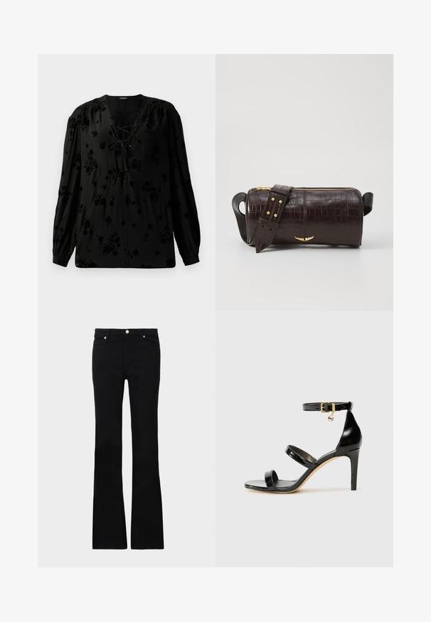 Melna blūze, kas izgatavota no mīksta auduma, ar šnūrēšanas izgriezumu un ziedu rakstu. Garas, pūkaina piedurknes un brīva piegriezte papildina dizainu.; Melni flared džinsi, izgatavoti no džinsa auduma, ar divām priekšējām kabatām, pogu aizdari un gludu tekstūru. Redzamā veikala šuvju rakstība.; Melnas lakota ādas sandalēs ar trim siksnām, potītes sprādzi un 4 collu stiletto papēdi. Iespējas ar zelta detaļām un logotipa piekariņu.; Brūna krokodila ādas soma ar cilindrisku formu, zelta toni aparatūru un noņemamu siksnu ar studiem.