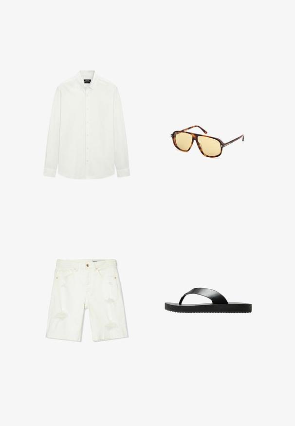 Camicia bianca a maniche lunghe con colletto a bottoni e polsini standard, esposta piatta su uno sfondo bianco.; Shorts in denim bianco con vita a media altezza, dettagli strappati, cinque tasche e accessori in rame. Tessuto morbido con una vestibilità casual.; Infradito neri con suola piatta, realizzati in materiale elegante. Presentano un design minimalista con una sola fascetta e una parte inferiore testurizzata.; Occhiali da sole con montatura in acetato tartarugato, lenti gialle, forma quadrata e dettagli in metallo sulle tempie.