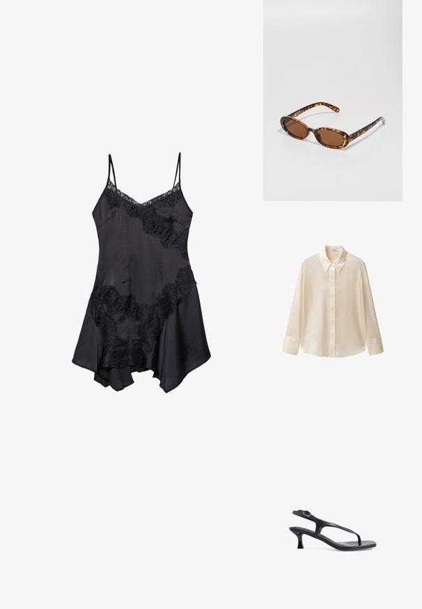 Mango Skjortebluser - off-white; Sort satin slipkjole med blondekant, featuring justerbare spaghetti-stropper og flagrende kant, blød tekstur og dekorative rynkedetaljer.; Sort læder sandal med et slankt design, tynde stropper og en lille hæl. Har en spænde detaljer og en glat, tekstureret indersål.; Skildpadde-solbriller med ovale stel, brune linser og slanke sorte arme med diskrete mønster-indsatser.; Sort tekstureret tote taske med korte håndtag, der har en guldlås og detaljer. Designet er struktureret med en geometrisk silhuet.