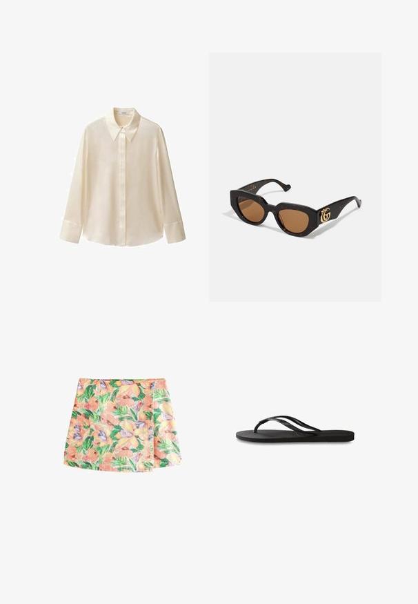 Mango Paitapusero - off-white; Next Minihame - tropical print; Mustat flip-flopit, joissa on röpelöinen kumipohja, kaksi hoikkaa remmiä ja hillitty, kohokuvioitu logotyyli remmissä.; Sateeniväriset aurinkolasit ruskeilla linsseillä. Laaja kissamainen muoto. Sivulla kultainen GG-logo. Sileä muovimateriaali kiiltävällä pinnalla.