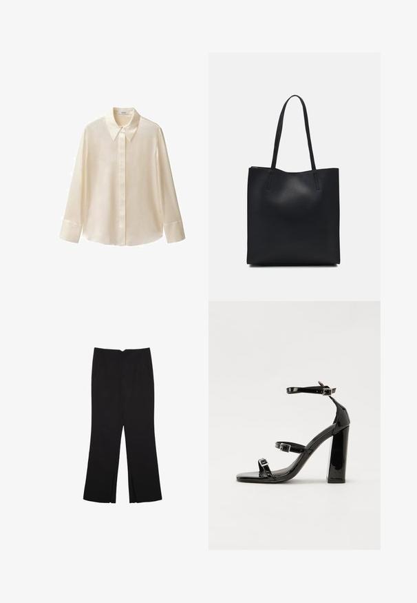 Mango Hemdbluse - off-white; Schwarze Hose mit geradem Schnitt, ausgestattet mit Fronttaschen und Seitenschlitzen am Saum. Hergestellt aus weichem, glattem Stoff. Geeignet für verschiedene Anlässe.; Schwarze patentierte Sandalen mit Absatz, quadratischer Spitze, Knöchelriemen und silbernen Schnallen. Mit einem stabilen Blockabsatz für mehr Stabilität.; Schwarze Laptoptasche aus Leder mit glatter Textur, rechteckiger Form und zwei langen Griffen. Keine sichtbaren Beschläge oder Verzierungen.