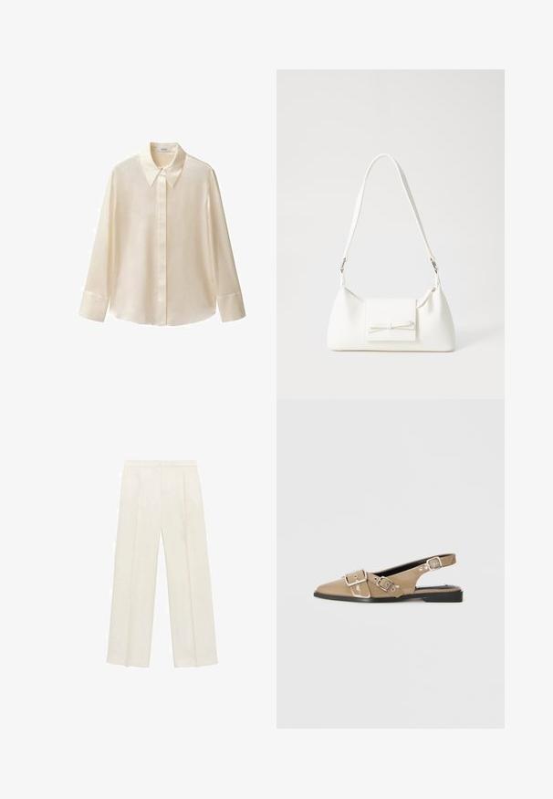 Mango Overhemdblouse - off-white; Wijdgevallen broeken in een lichtcrème kleur. Gemaakt van een zachte stof met plooien aan de voorkant en zijzakken.; Beige gepatineerde slingback schoenen met een spitse neus, twee verstelbare gespen en een lage zwarte hak. Glad textuur met een glanzende afwerking.; Witte synthetische handtas met een driehoekige vorm, platte voorklep en strikdetail, verstelbare schouderriem, gladde textuur en minimalistisch ontwerp.