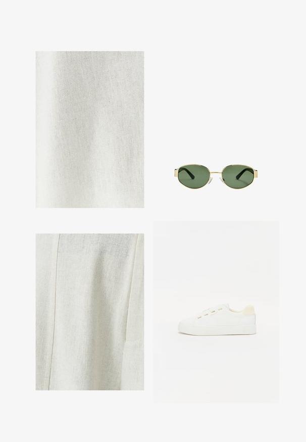 Teksturowana tkanina w kolorze jasnobeżowym o subtelnym splocie, charakteryzująca się lekkim i zwiewnym wyglądem, odpowiednia do różnorodnych zastosowań.; Jasno beżowa tkanina lniana z teksturowanym wzorem, wyposażona w detal szwu oraz kieszeń boczną. Gładkie wykończenie z subtelnym splotem.; Białe sneakersy z płóciennym wierzchem, okrągłym noskiem i płaską gumową podeszwą. Posiadają złote oczka oraz jasnobeżowy akcent na pięcie.; Złote okulary przeciwsłoneczne w metalowej oprawie z zielonymi soczewkami, o owalnym kształcie, czarnymi zausznikami i przezroczystymi noskami. Czysty, minimalistyczny design.