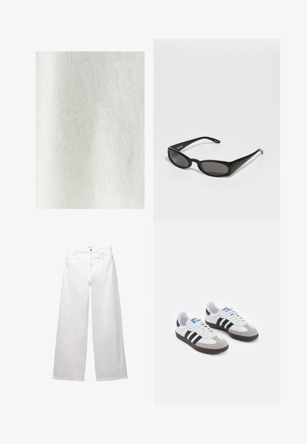 Tekstureret off-white stof med en subtil vævning, der har et let og luftigt udseende, hvilket gør det velegnet til alsidige anvendelser.; Hvide brede ben jeans lavet af denim. Har knaplukning, front- og baglommer samt syede sømme. Glat tekstur med minimal detaljering.; Sportsko med en overdel i hvid læder, grå ruskind på tåen og tre sorte striber. Har et blåt logo på tungen og en struktureret gummisål.; Henrik Vibskov MEGAN SUNGLASSES UNISEX - Solbriller - black; Sort læderhåndtaske med et struktureret design, en overhåndtag og en guld-tonet lås. Har en tekstureret overflade med præget logo.