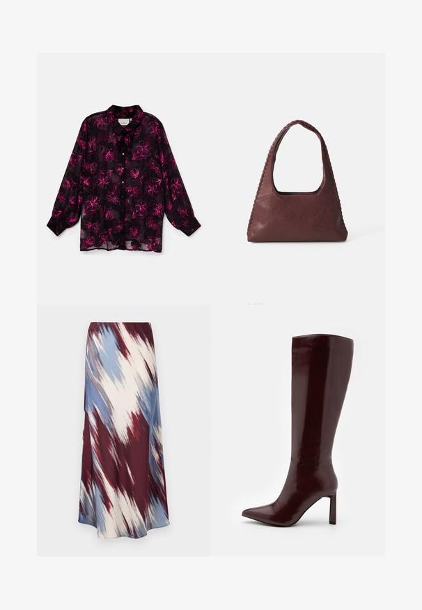 ONLY Carmakoma CARMELENA BOW - Košilová halenka - fuchsia purple; Dlouhá sukně s diagonálním tie-dye vzorem v burgundské, modré a krémové barvě, vyrobená z měkké tkaniny s volným silhouette a mírným leskem.; Even&Odd Vysoká obuv - dark red; Burgundská kožená kabelka trojúhelníkového tvaru, s otevřeným topem a tkaným detailem podél rukojeti. Hladký povrch s matným finišem.