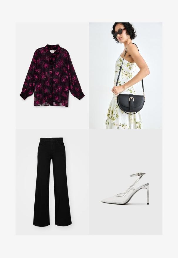 ONLY Carmakoma CARMELENA BOW - Blusa com botões - fuchsia purple; Calças largas pretas em denim, com uma cintura estruturada, passantes para cinto e bolsos frontais. Textura suave com um design clássico.; Shoe com salto stiletto claro e bico fino, material transparente, detalhes metálicos prateados e tira ajustável no tornozelo.; Bolsa de couro preta com forma curva, alça destacável e detalhes em dourado. A bolsa possui uma aba com detalhe de fivela.