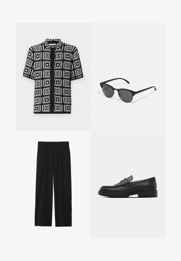 Kratka majica s kratkimi rokavi v črni in beli barvi s kvadratnim vzorcem. Narejena je iz teksturirane tkanine, ima sprednje gumbe in koničast ovratnik.; Črne široke hlače z nabranim sprednjim delom, stranskimi žepi in gladko teksturo tkanine. Oblikovane za sproščen kroj.; Črne usnjene loafers čevlje z zaobljenim nosom, ki imajo šivano zasnovo, nizko platformo in teksturiran, profiliran gumijast podplat.; Črne sončna očala z okroglimi lečami, mat površino in značilno obliko mačjih oči. Tanke nogice z diskretnim logotipom na levem templju.