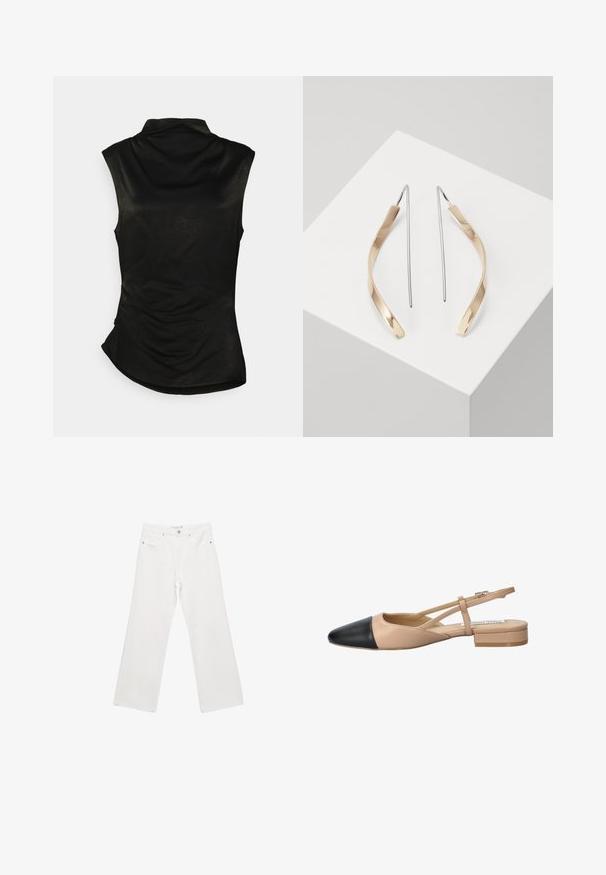 Czarny bezrękawnik z wysokim kołnierzem, miękką teksturą i zaokrąglonym dołem. Posiada marszczenia po bokach dla dopasowanego wyglądu.; Białe dżinsowe spodnie o szerokich nogawkach z klasycznym pięciokomorowym wzorem, metalowymi elementami oraz kontrastowymi przeszyciami. Gładka faktura i luźny krój.; Beżowo-czarny, dwukolorowy but na pasku z wąskim noskiem, płaskim obcasem i szczegółowym krzyżującym się paskiem. Gładka skórzana faktura.; Złote i srebrne kolczyki w kształcie zakrzywionym, wydłużonym. Powierzchnia błyszcząca z gładką fakturą i minimalistycznym wzornictwem.