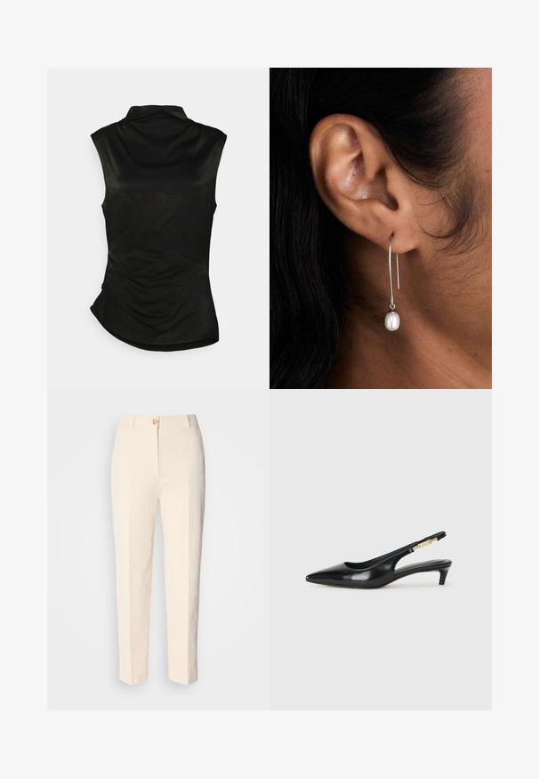 Melna bezpiešu krekls ar augstu apkakli, mīkstu tekstūru un izliektu apakšmali. Ar savilktu detaļu sānos, kas nodrošina pieguļošu izskatu.; Krēma krāsas augstākā jostas līmeņa bikses, izgatavotas no teksturēta auduma. Tām ir aizdare priekšā ar pogu un sašaurināti kājām.; Melnas ādas slingback zābaki ar smailu purngalu, ar šauru papēdi un zelta krāsas akcentu uz regulējama siksniņas. Gluda tekstūra.; Sudraba gredzenveida auskari ar vertikālu pilienu, kas rotāts ar vienu baltu pērli. Dizains ir elegants ar gludu, pulētu apdari.