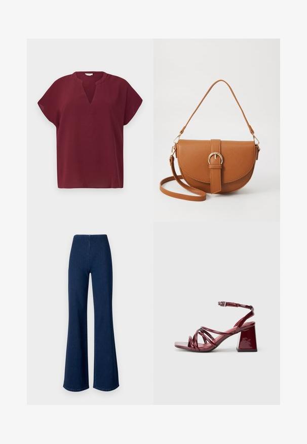 Top curto bordeaux com decote em V, feito de um tecido texturizado. Apresenta um corte descontraído e uma bainha limpa.; Calças de ganga em azul escuro, com corte flare e uma cinturilla elástica. Apresentam uma textura suave e um design de perna larga que se estende até à bainha.; Sandálias de tacão em verniz burgundy com bico quadrado, apresentando várias tiras entrelaçadas e um salto robusto. Correia ajustável no tornozelo.; Bolsa transversal de couro castanho com um formato curvado, ferragens douradas e um detalhe de fivela. Inclui uma alça de ombro destacável.
