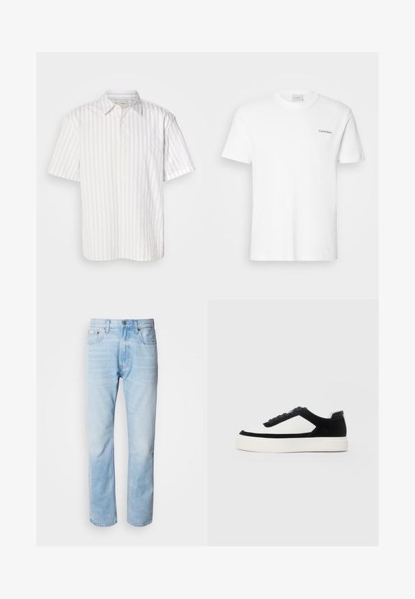 Lyhythihainen valkoinen paita, jossa on ohuita vaaleanruskeita pystyraitoja, napitettavuus ja klassinen kaulus. Kangas näyttää olevan sileä ja kevyt.; Valkoinen puuvillapaita lyhyillä hihoilla ja pyöreällä kaula-aukolla. Vasemmassa rinnassa on pieni musta "Calvin Klein" -logo.; Vaaleansiniset farkut suoranlahkeisella leikkauksella, joissa on haalistuneita kohtia, viisi taskua ja klassinen nappisuljenta.; Matala kenkä mustasta mokasta ja valkoisista nahkapaneeleista, mustat nauhat ja paksu valkoinen kumipohja, näyttäen ulkopuolelta.