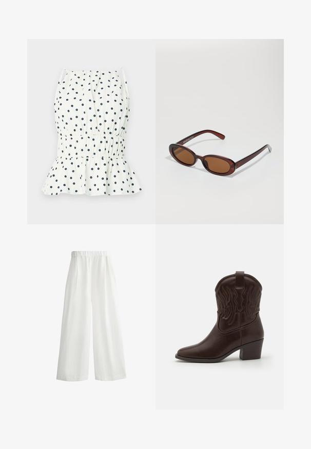 White top with navy polka dots, featuring a smocked waist and flared hem. Thin shoulder straps complete the design. Lightweight cotton material.; White, wide-leg pants with an elastic waistband, featuring front pleats and a lightweight, textured fabric.; Brown leather cowboy boots featuring pointed toes, embossed wing patterns, a mid-height block heel, and a pull tab at the back.; Round, brown-tinted sunglasses with a glossy burgundy frame. Slim arms with subtle branding detail. Flat lens design.