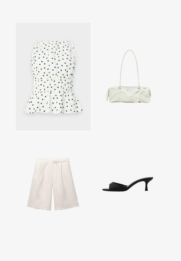 Witte top met marineblauwe stippen, met een smocktail en een uitlopende zoom. Dunne schouderbandjes ronden het ontwerp af. Van lichtgewicht katoen.; Beige linnen shorts met een wijd model, voorzien van voorplooien en een gladde tailleband. De stof heeft een licht gestructureerde afwerking.; Zwarte hakken mules met een brede, open teen en een gebogen bovenkant. Gemaakt van textuurstof, met een slanke hak en een gladde zool.; Witte leren handtas met een geweven textuur, lange schouderriem, ritssluiting en een decoratief logo. Beschikt over kwastaccenten aan de uiteinden.