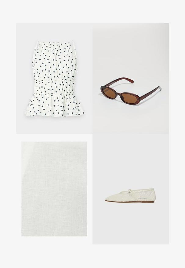 Valkoinen toppi, jossa on tummansinisiä pilkkuja, smockattu vyötärö ja levenevä helma. Ohuet olkaimet viimeistelevät kokonaisuuden. Kevyt puuvillamateriaali.; Valkoinen pellavakankaan, jossa on teksturoitu kudonta, joka on hieman läpikuultava ja sisältää luonnollisia epäsäännöllisyyksiä koko materiaalissa.; Kermakuvioinen verkkomateriaalisella balettitossulla, jossa on terävä kärki ja säädettävä hihna. Ominaisuuksiin kuuluu teksturoitu päällinen ja tasapohja, joka on ruskea.; Pyöreät, ruskehtavat aurinkolasit, joissa on kiiltävä burgundinpunainen runko. Kapeat sivut, joissa on hienovarainen brändäys. Litteät linssit.; Ruskean kudottu nahkainen käsilaukku, jolla on löysä, kolmiomainen muoto. Varustettu punotulla kahvalla ja vetoketjukiinnityksellä ylhäällä.