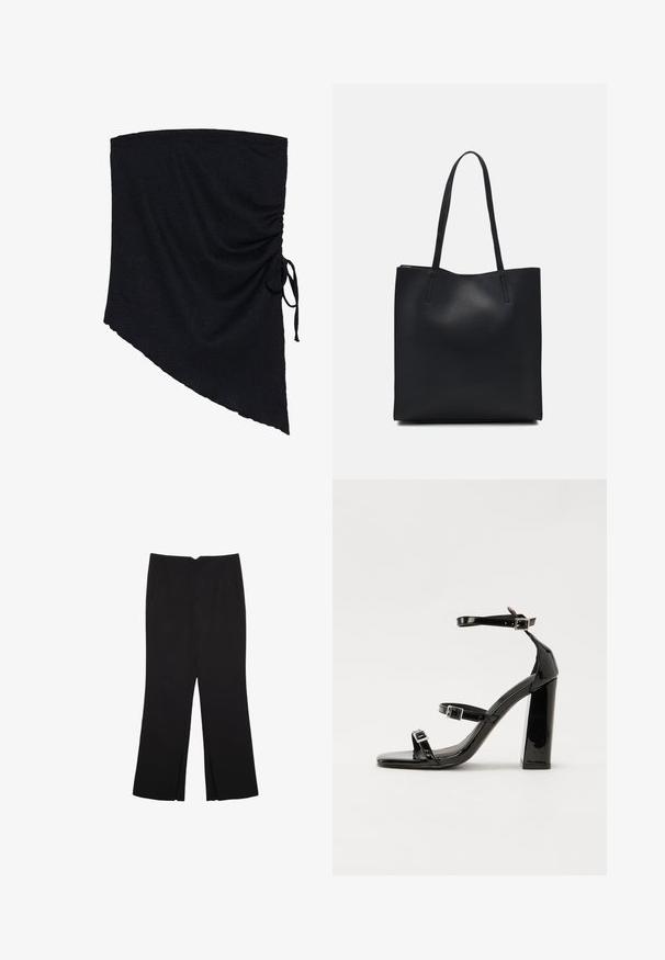 Musta kangasläpyskä, jossa on teksturoitu pinta, epäsymmetrinen muoto ja röyhelöitä, jotka on kiinnitetty sivusiteellä.; Mustat housut suoralinjaisella leikkauksella, joissa on etutaskut ja sivurei'ät helman alla. Valmistettu pehmeästä ja sileästä kankaasta. Sopii eri tilaisuuksiin.; Musta kiiltävä korkokenkä sandaalit neliönmuotoisella varpaalla, nilkkaremmillä ja hopeisilla soljilla. Varustettu tukevalla lohkokorkealla vakauden takaamiseksi.; Mustapahkainen kangaskassi, jossa on sileä pinta, suorakaiteen muotoinen ja kaksi pitkää kahvaa. Ei näkyvää metalliosaa tai koristeita.