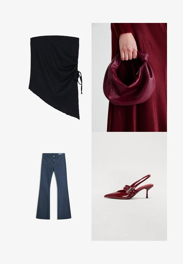 Black fabric wrap with a textured surface, featuring an asymmetrical shape and ruched detailing secured by a side tie.; Dark blue flared denim jeans with stitched pockets, a button closure, and a smooth texture. Features a classic five-pocket design.; Red patent leather slingback heels with a pointed toe, two buckle straps, and a slim, mid-height stiletto heel. Smooth texture.; Burgundy leather handbag with a soft, gathered design and a rounded shape. The handle is secured, showcasing a smooth texture.