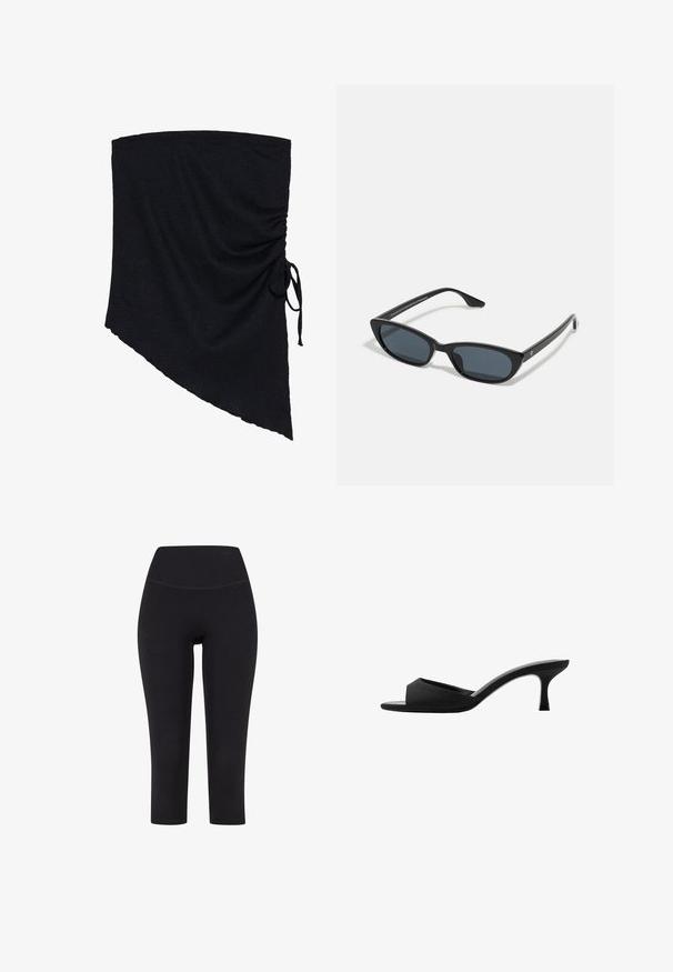 Zwarte stofomslag met een gestructureerd oppervlak, met een asymmetrische vorm en gerimpelde details, vastgemaakt met een zijstrik.; Zwarte driekwart leggings van rekbare stof, met een hoge tailleband en zonder zichtbare patronen of hardware.; Zwarte hakken mules met een brede, open teen en een gebogen bovenkant. Gemaakt van textuurstof, met een slanke hak en een gladde zool.; Zwarte cat-eye zonnebril met donkere lenzen, kunststof frame, slanke pootjes en subtiele branding op de binnenkant van de poot. Mat afgewerkte textuur.; Zwarte leren tas met een geraffineerde bovenkant, trekkoordsluiting, dubbele handgrepen en lange schouderbanden. Gladde textuur en minimalistisch ontwerp.