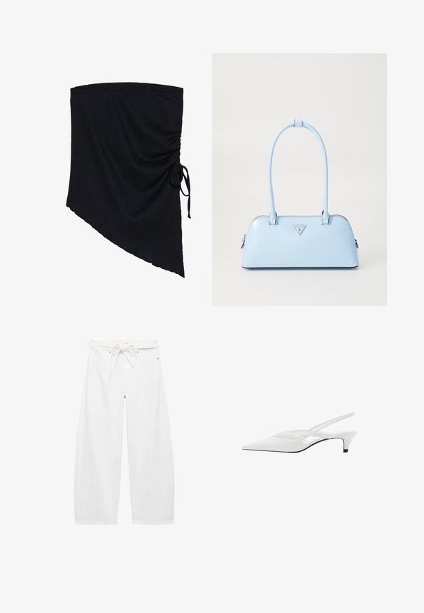 Fascia in tessuto nero con superficie testurizzata, caratterizzata da una forma asimmetrica e dettagli arricciati fissati da un nodo laterale.; Pantaloni bianchi a gamba larga realizzati in tessuto leggero, con vita regolabile con cordino, due tasche frontali e semplici dettagli in metallo.; Décolleté bianco con punta affilata, caratterizzato da una tomaia liscia, sottili aperture e un tacco a blocco basso. La suola nera esalta il design.; Borsa a mano azzurro chiaro con forma strutturata, materiale in pelle liscia, due manici e logo triangolare sul davanti. Chiusura con zip.