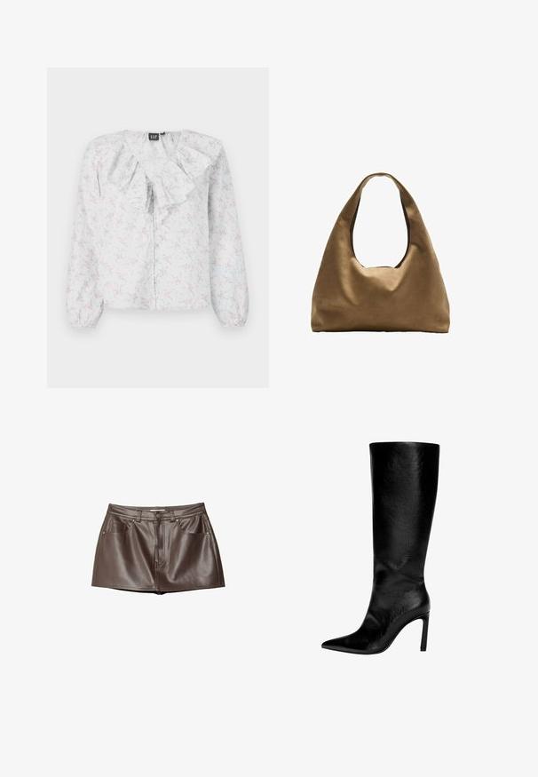 White blouse with a ruffled neckline, floral pattern in pink and blue, long sleeves, and button front closure. Lightweight, textured fabric.; Brown leather mini skirt featuring a smooth texture, belt loops, front pockets, and a button closure at the waist.; Knee-high black leather boot with a pointed toe, high stiletto heel, smooth finish, and a simple, sleek design without embellishments.; Brown fabric shoulder bag with a wide, rounded body and a large cutout handle. Soft texture, minimalistic design, and no visible hardware.