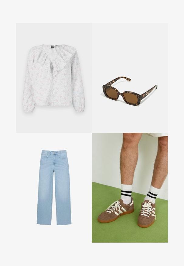 Weiße Bluse mit Rüschenausschnitt, floralen Mustern in Pink und Blau, langen Ärmeln und Knopfverschluss vorne. Leichter, strukturierten Stoff.; Helle blaue weite Jeans aus Denim, mit hoher Taille, geradem Schnitt und Fünf-Taschen-Design sowie einem sauberen Saum.; Braune Wildleder-Sneaker mit weißen Akzenten und Schnürsenkeln. Gummisohle in Kautschuk-Optik. Getragen mit weißen Socken, die schwarze Streifen haben. Grüner strukturierter Fußboden.; Schildpatt-Sonnenbrille mit einem runden, klobigen Rahmen und braunen Gläsern. Verfügt über dezente Muster und gerade, zulaufende Bügel.; Zign LEATHER - Shopping Bag - light brown